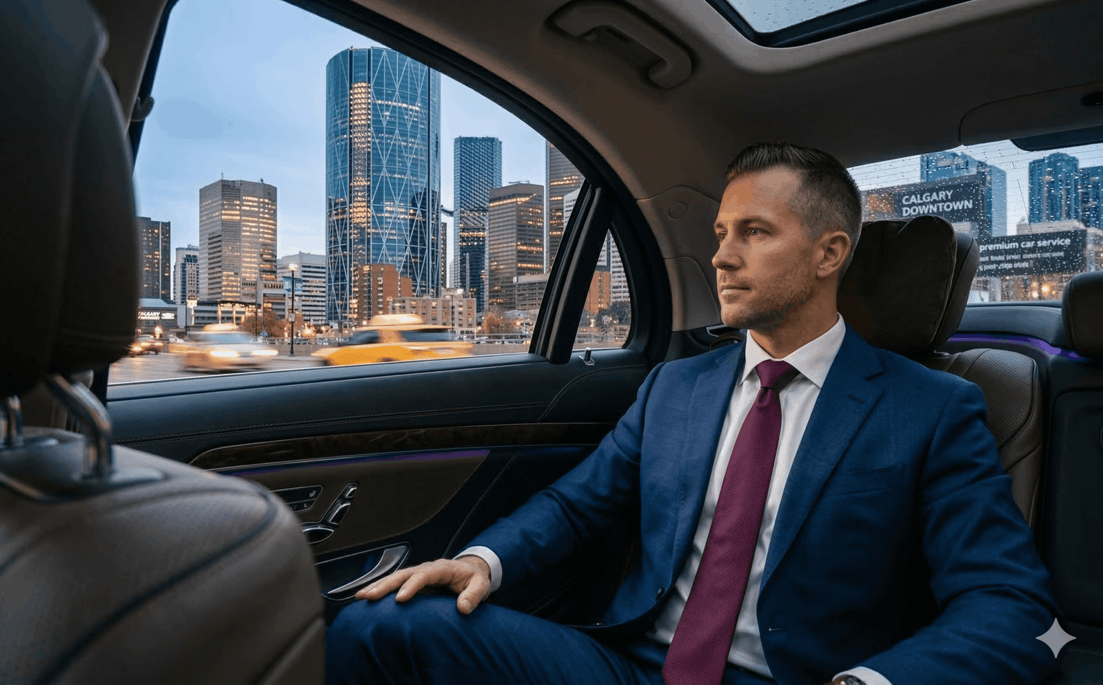 Business tour taxi near Bow Tower in Calgary's corporate district