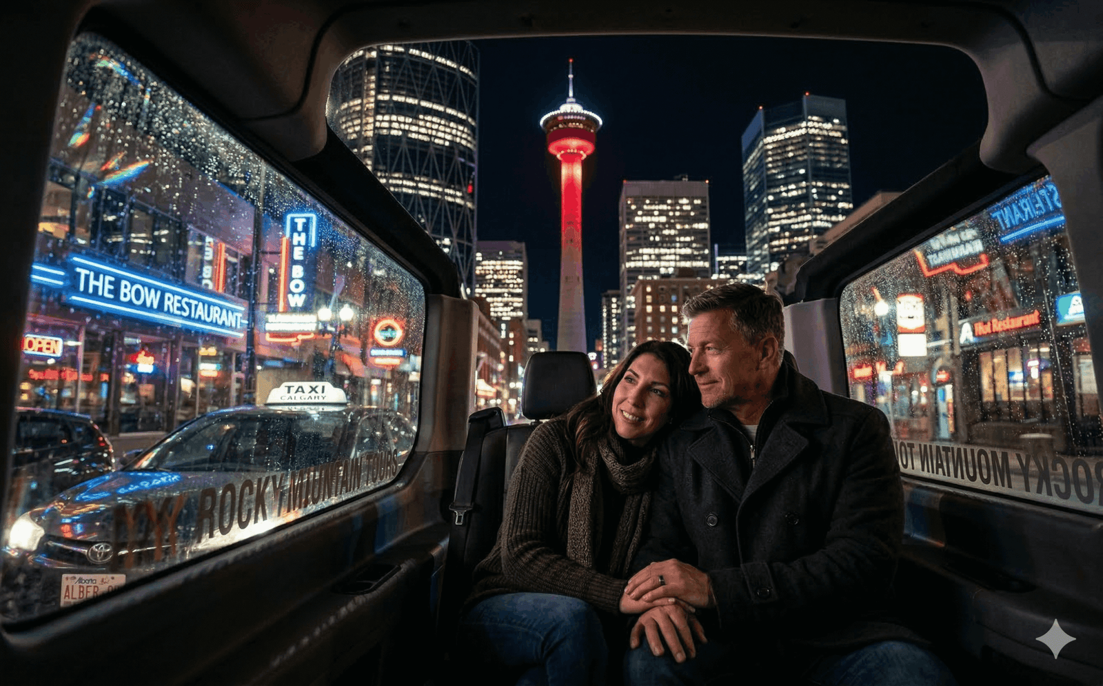 Locals Taxi night ride with Calgary Tower skyline in the background