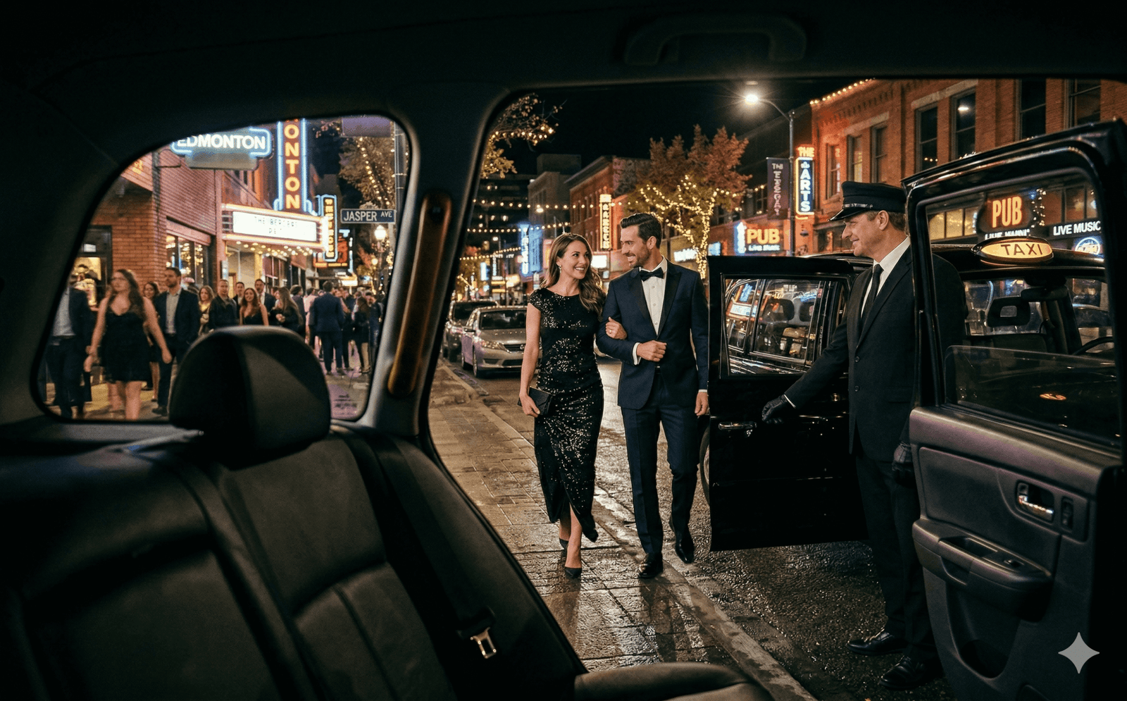Couple enjoying event rides on Jasper Avenue, Edmonton nightlife
